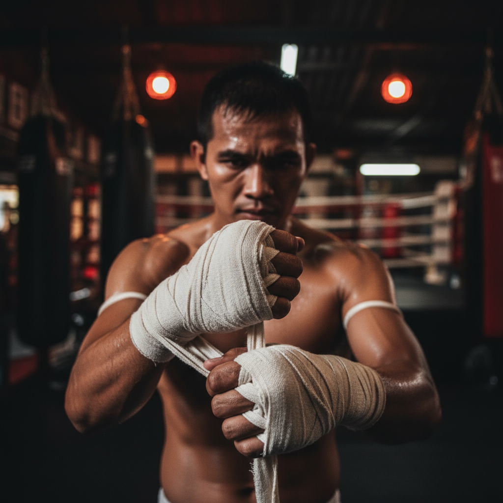 นักมวยไทยกำลังพันมือเตรียมขึ้นชก