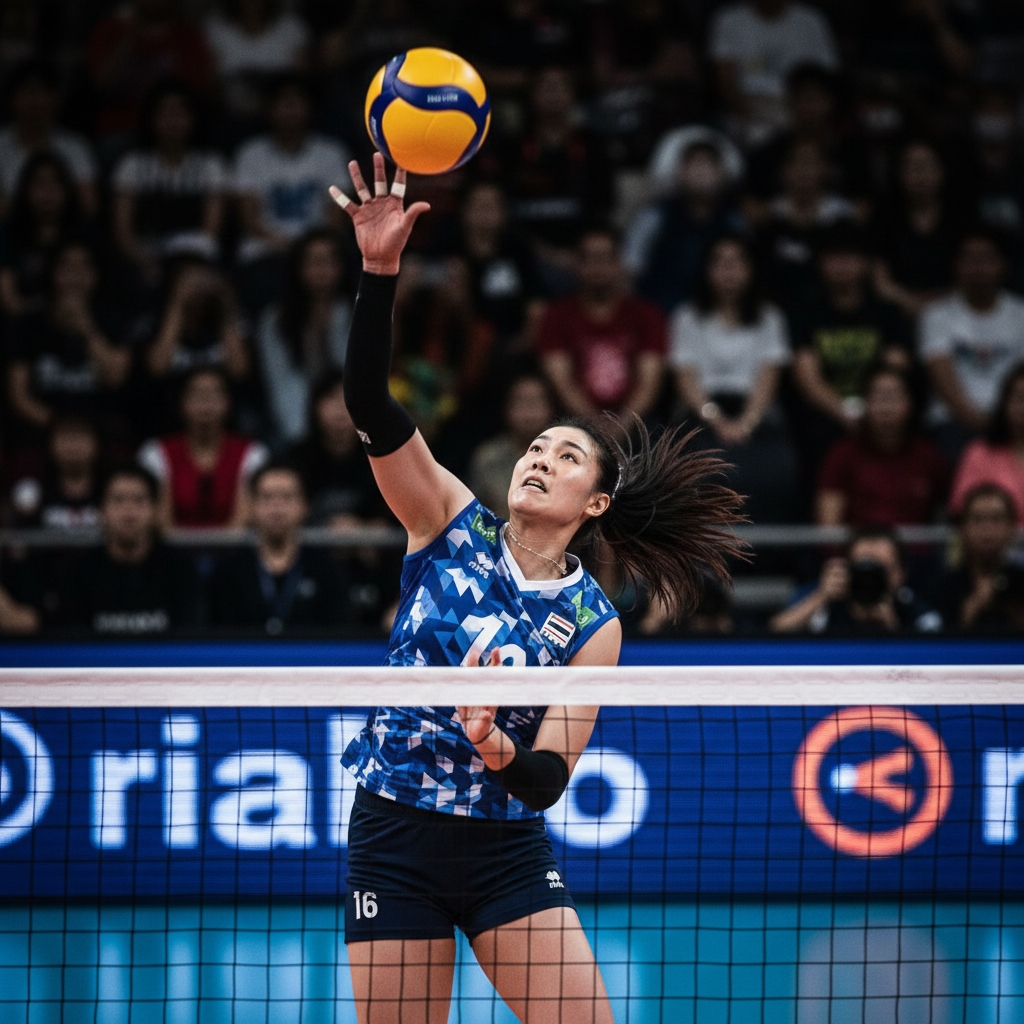 นักกีฬาวอลเลย์บอลหญิงไทยกำลังตบลูกบอล